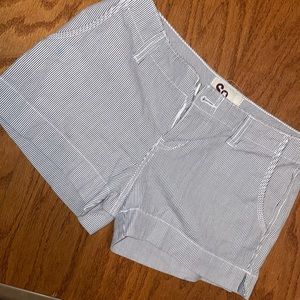 blue and white striped shorts